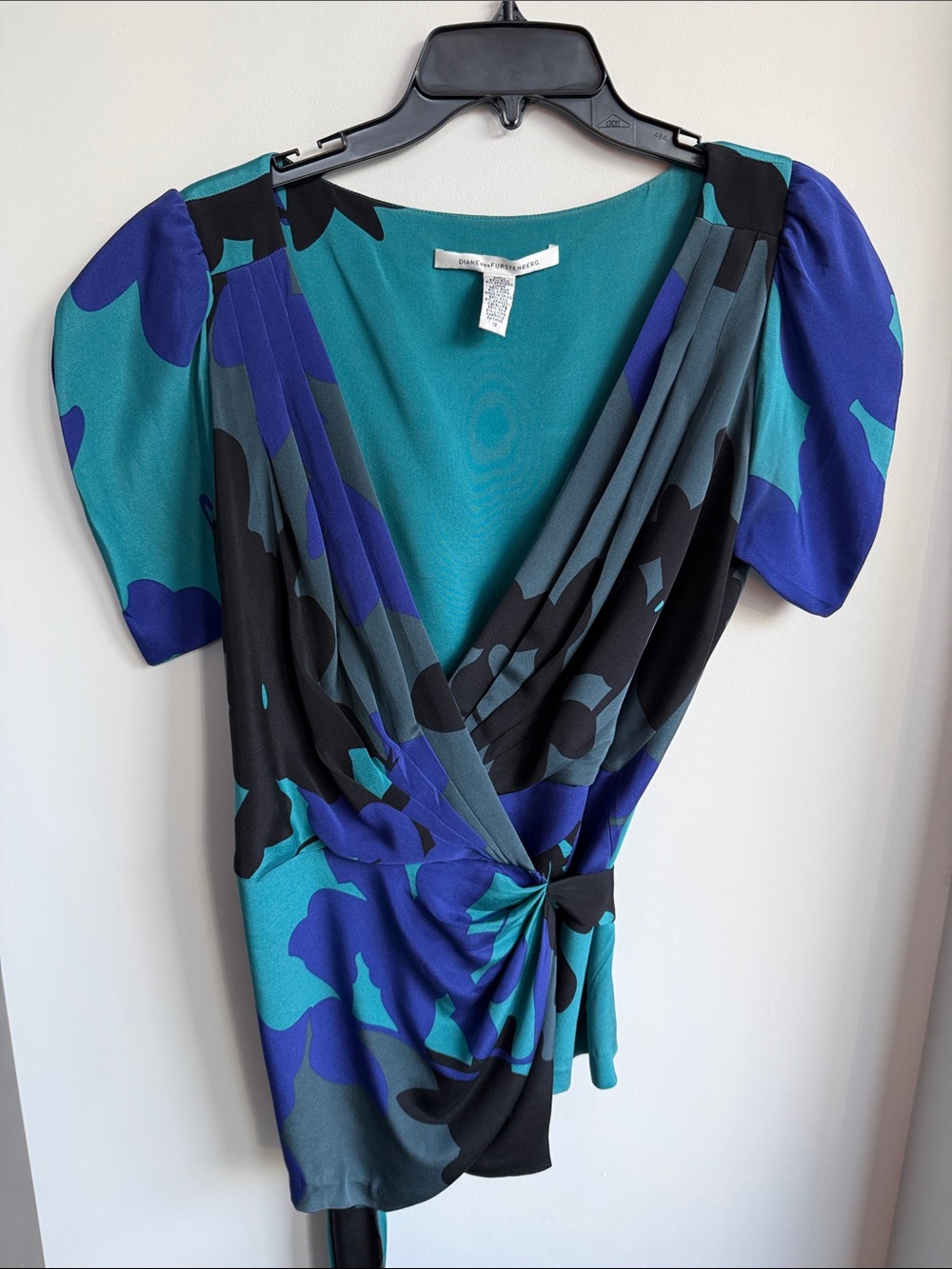 Diane Von Furstenberg Teal, Cobalt & Black Faux-Wrap Blouse